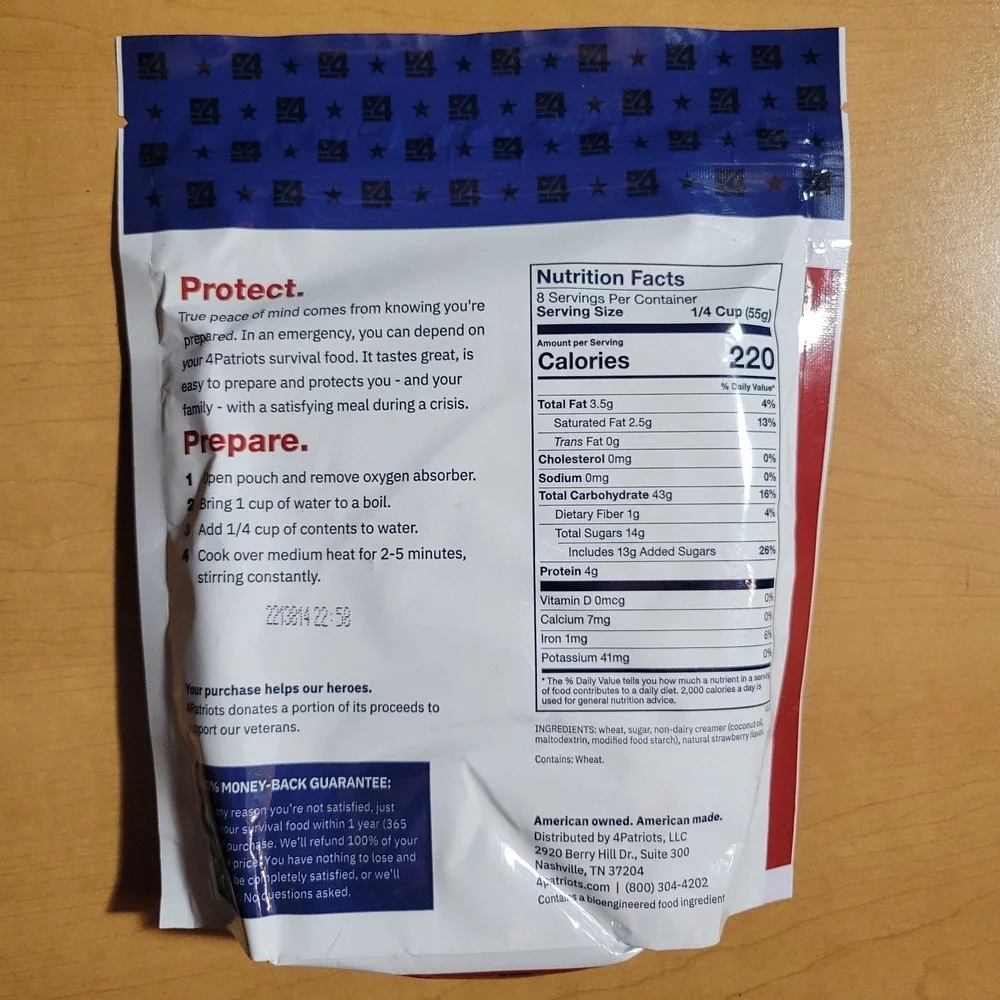 4Patriots Sweetberry Creamy Wheat Mix Survival Emergency Food 8 servings